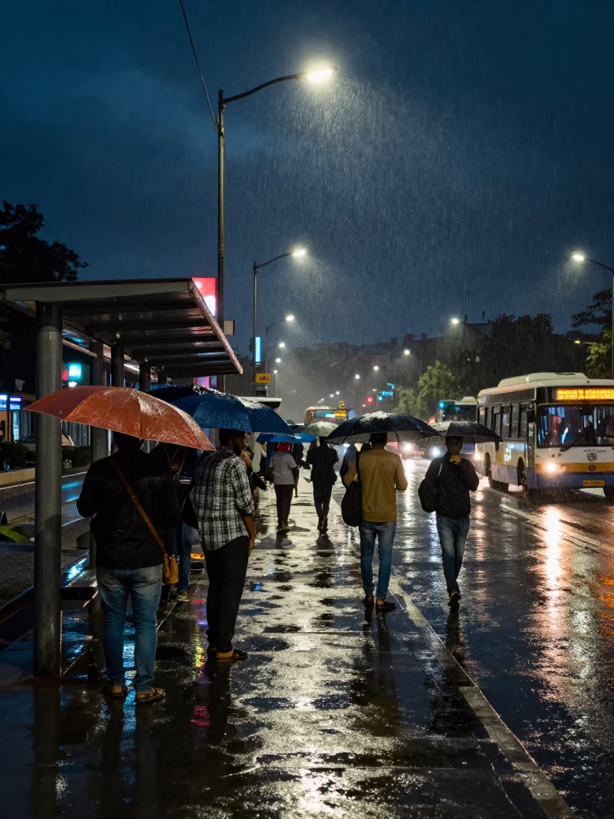Monsoon Commuters Boarding Bus in Faisalabad Night in at a tram stop in Faisalabad