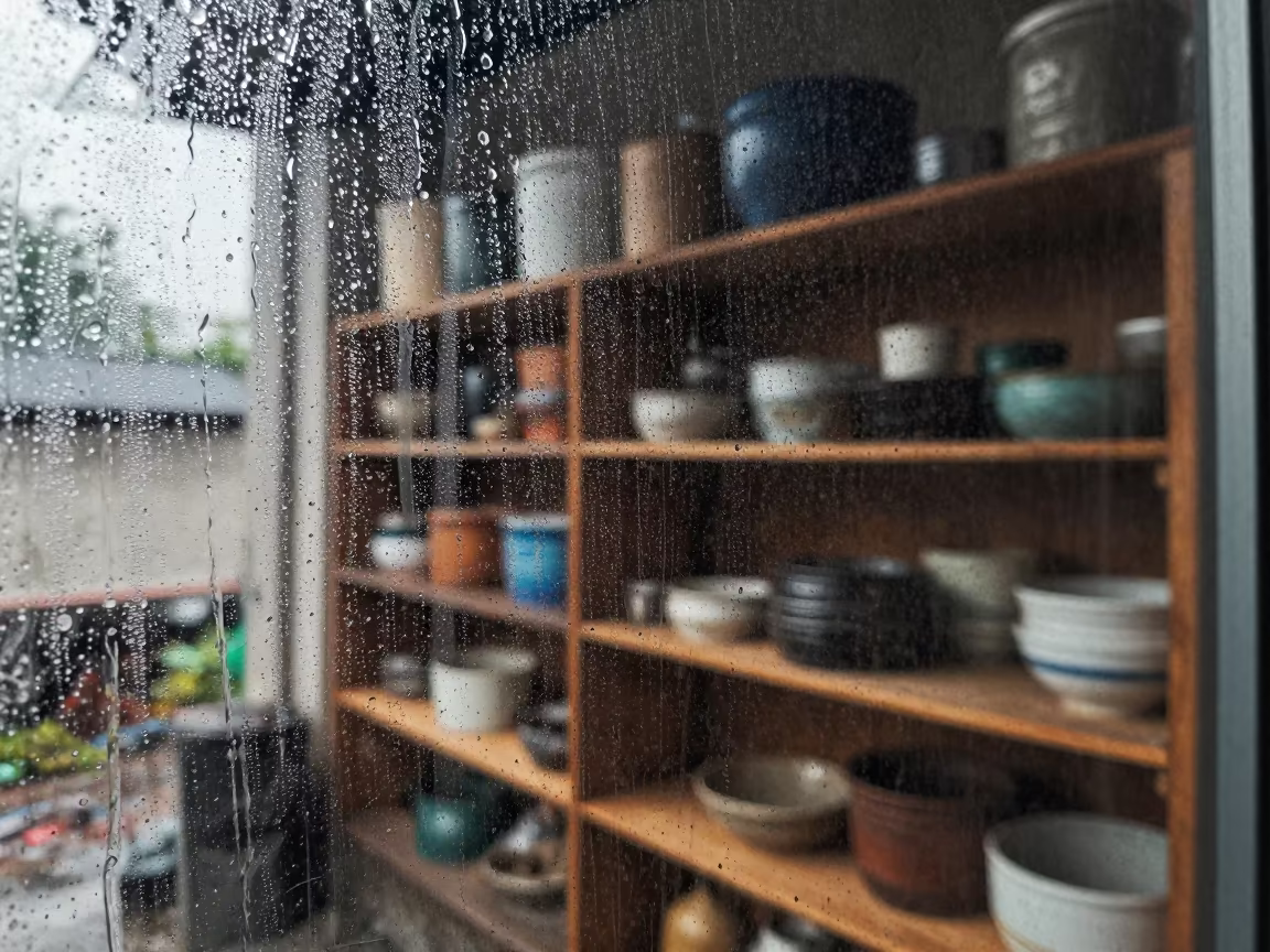 Monsoon Condensation on Glass Near Nawa in on a workshop shelf near Nawa