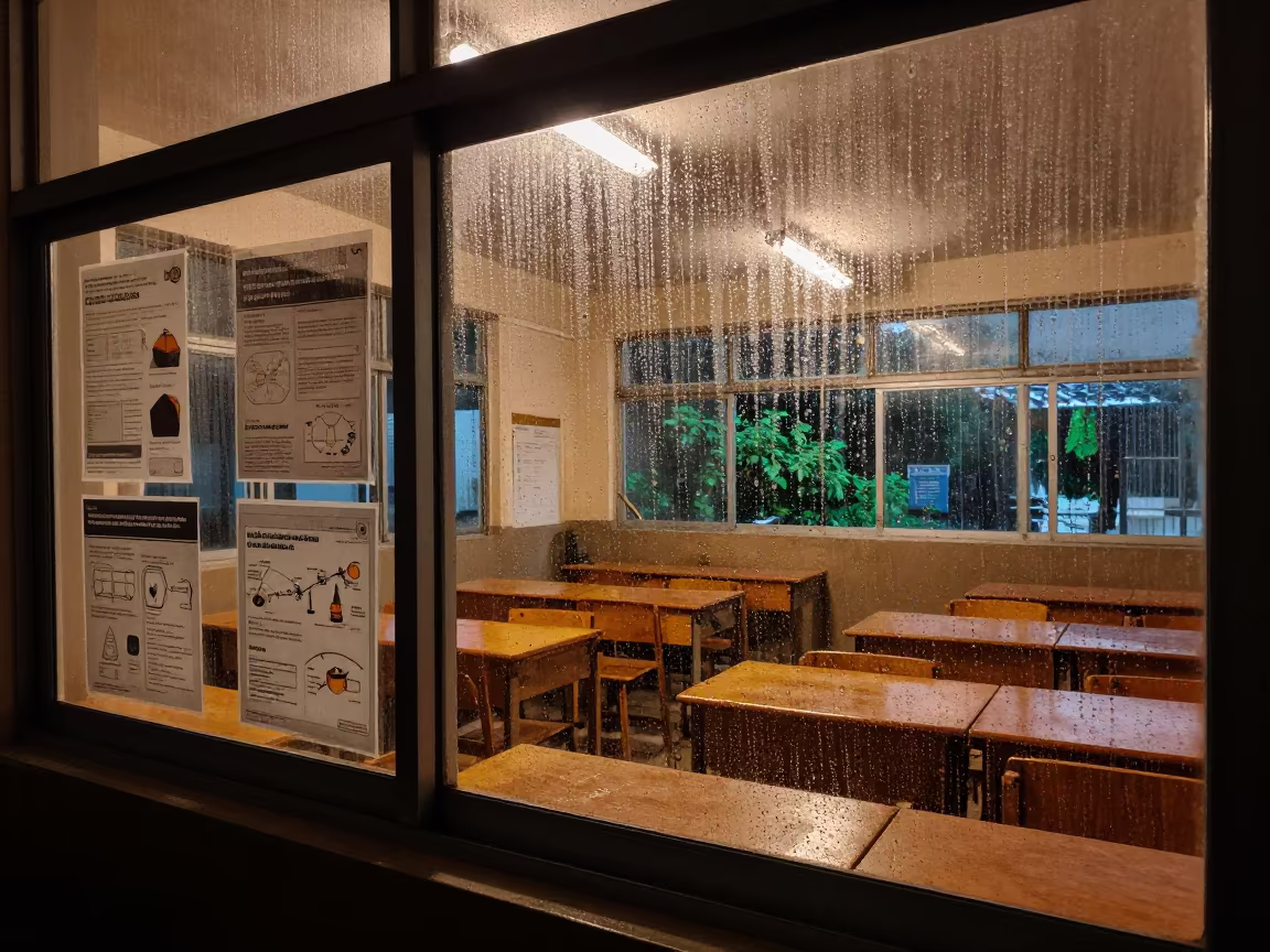 Monsoon Condensation on Science Posters in Bujumbura Classroom in inside a quiet classroom in Bujumbura