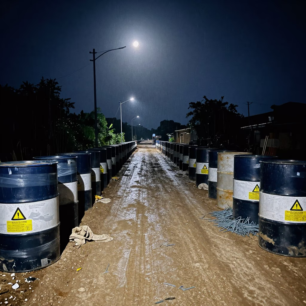 Monsoon Construction Waste Drum at Midnight in at a muddy site access road in Myanmar