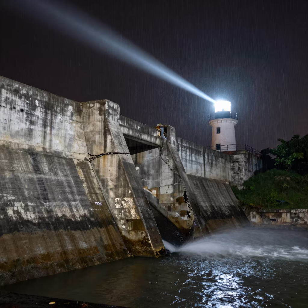 Monsoon Dam Spillway at Night in above a spillway chute with spray rising near Playa del Carmen