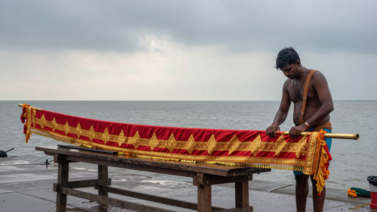Monsoon Dawn Banner Repair Bench Mumbai in at a waterfront celebration in Dadar, Mumbai