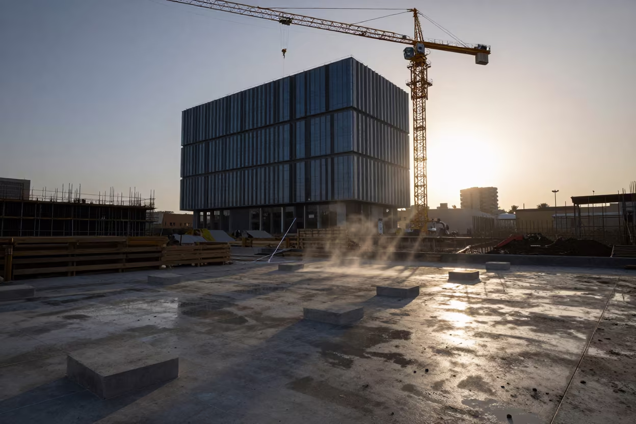 Monsoon Dawn Construction Site Zinder Office Floor in beneath a tower crane on open ground in Zinder