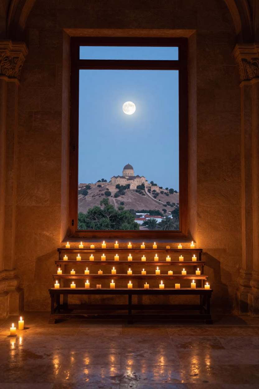 Monsoon Dawn Light in Khartoum Abbey Nave in inside a candlelit abbey nave in Khartoum