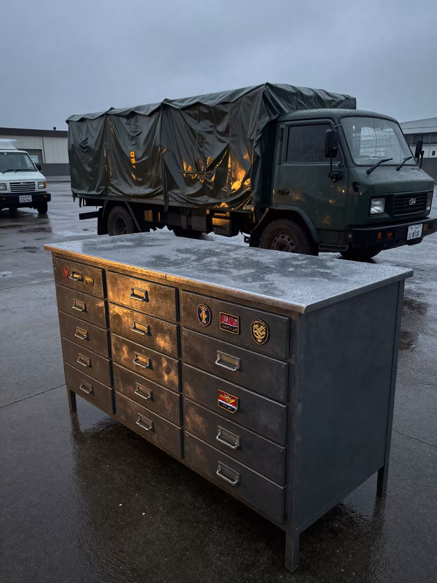 Monsoon Dawn Light on Military Patch Drawer in beside a convoy halt on open ground in Kanto