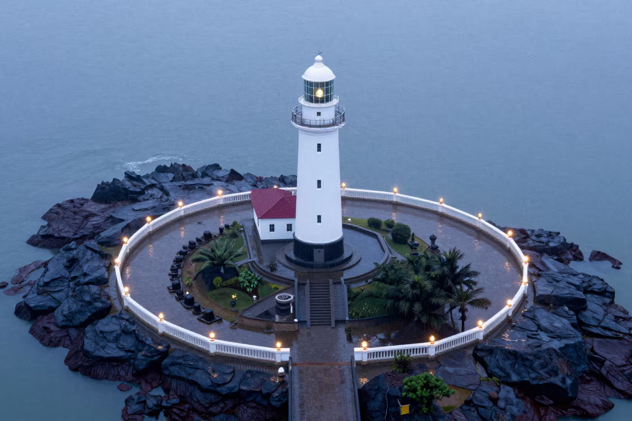 Monsoon Dawn Lighthouse on Rocky Island in in a lantern-lined temple precinct in Ichalkaranji