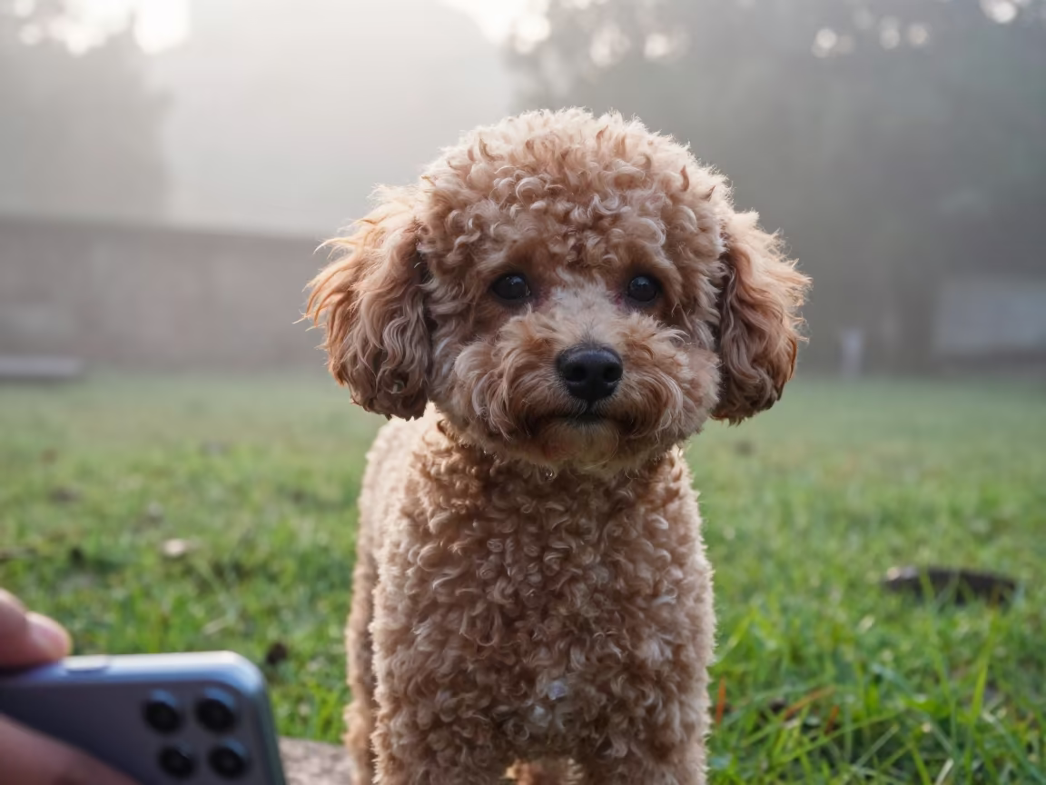 Monsoon Dawn Portrait of Teacup Poodle in Small Yard in in a small yard with clipped grass, calm light, and the animal centered in frame near Aurangabad