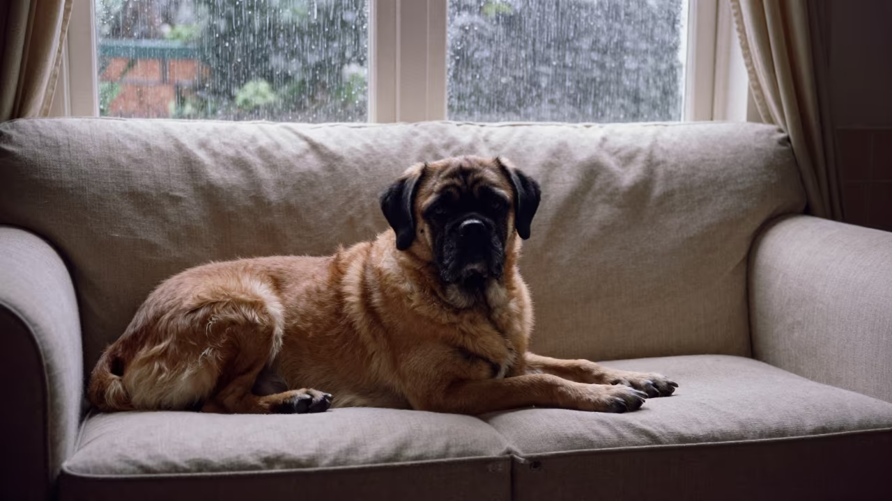Monsoon Dawn Portuguese Water Dog on Linen Sofa in on a linen sofa with daylight from a nearby window near Indore