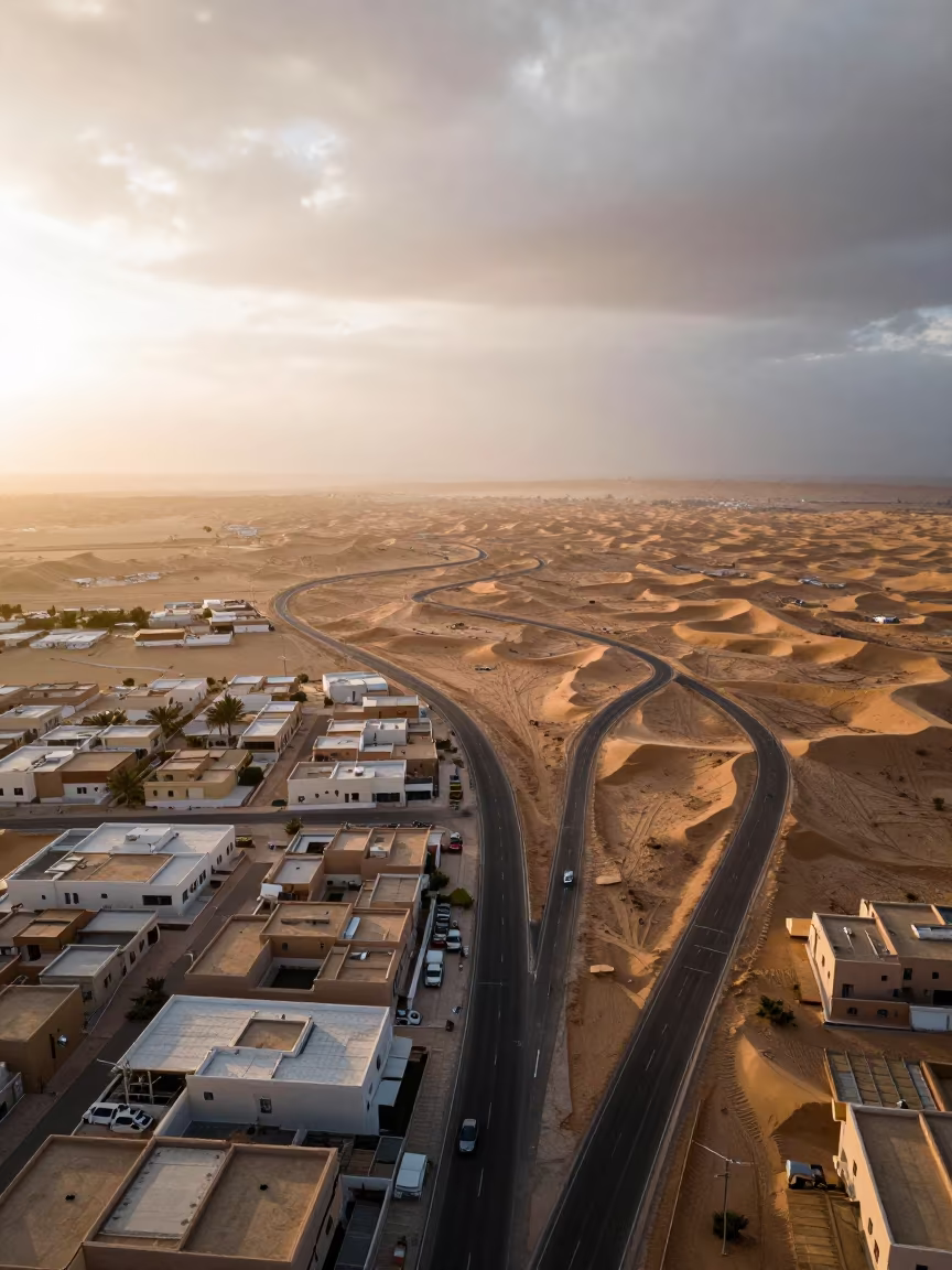 Monsoon Desert Switchbacks Over Muscat Rooftops in high above patterned rooftops near Muscat