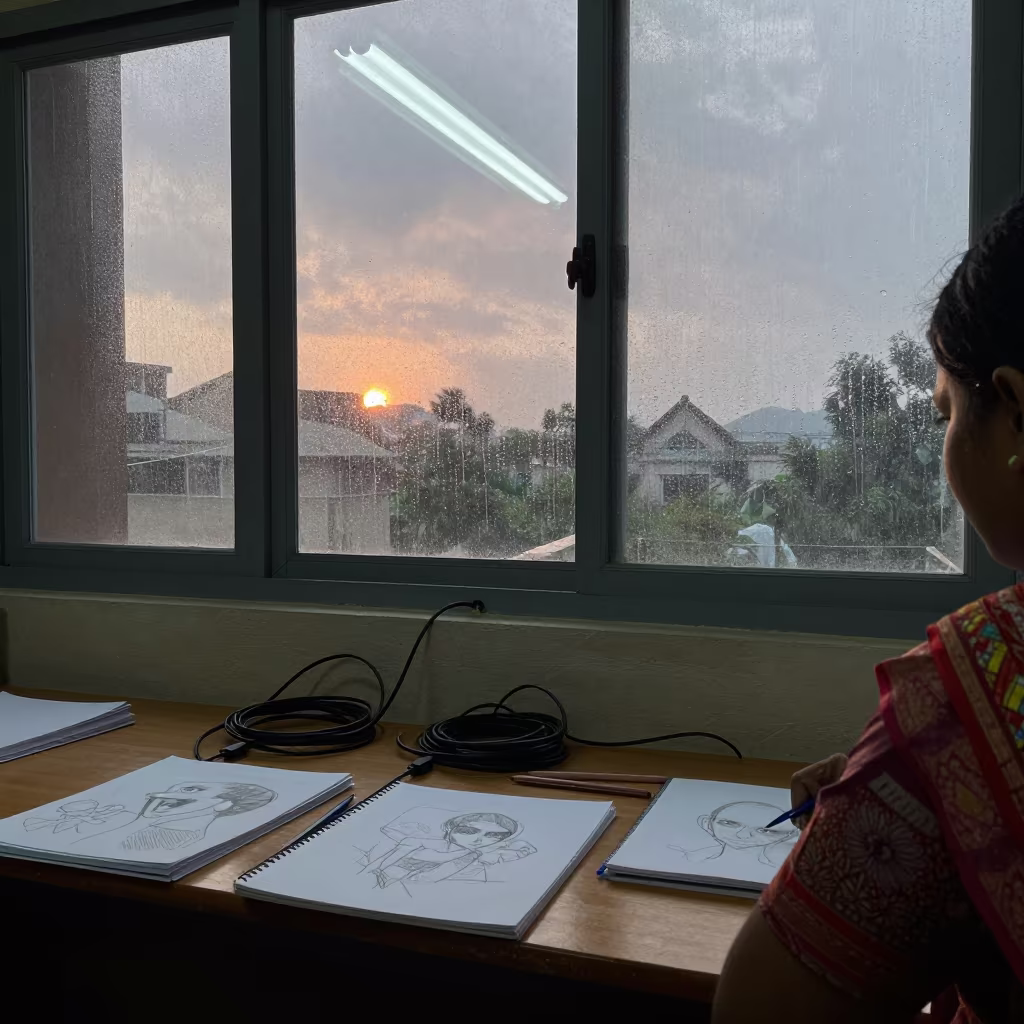 Monsoon Desk with Coiled Chargers in Amravati in inside an art classroom near Amravati