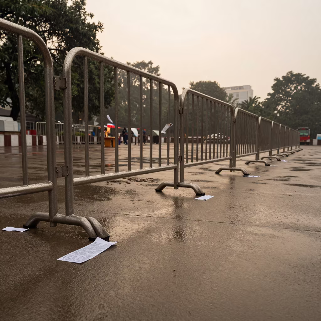 Monsoon Drizzle on Delhi Civic Plaza Barricades in outside a polling station entrance near Delhi