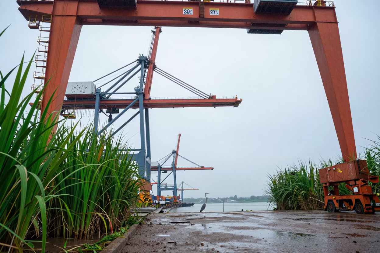 Monsoon Drone View of Goa Port Cranes in at the edge of a reed bed in Goa