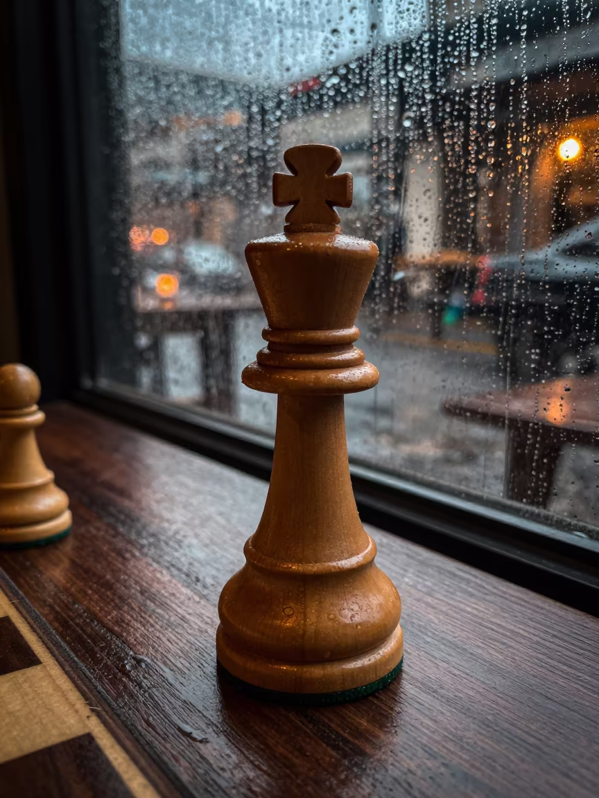 Monsoon Evening Chess King on Ludhiana Cafe Table in on a cafe table by a window in Ludhiana