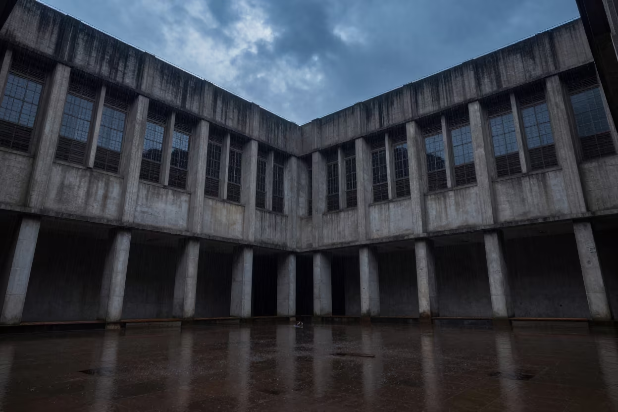 Monsoon Evening in Hyderabad Brutalist Atrium in inside a vaulted atrium in Hyderabad
