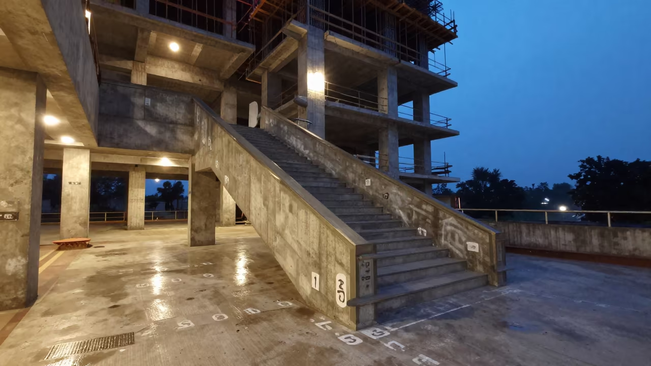 Monsoon Evening Stair Tower Construction Patna in inside a half-built lobby in Patna