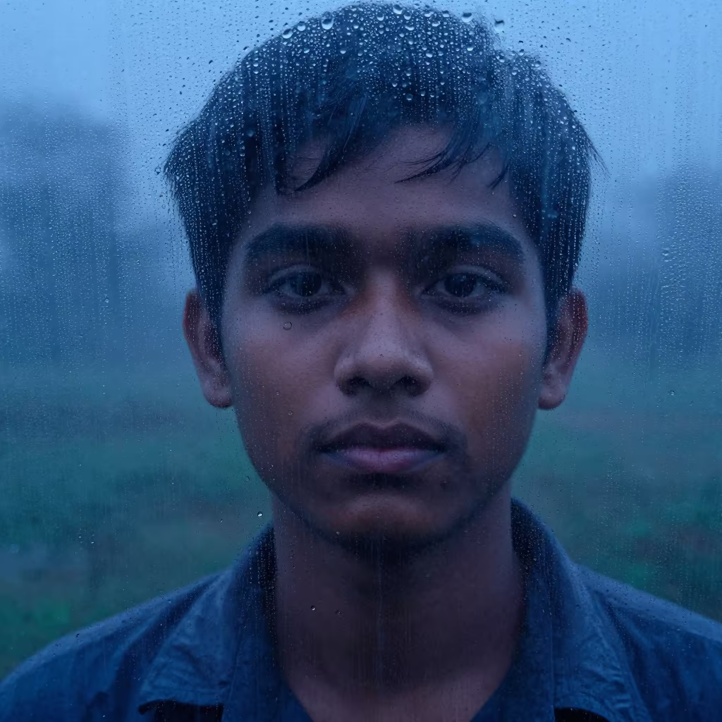Monsoon Face Behind Greenhouse Condensation in at a harbor edge in Cuttack