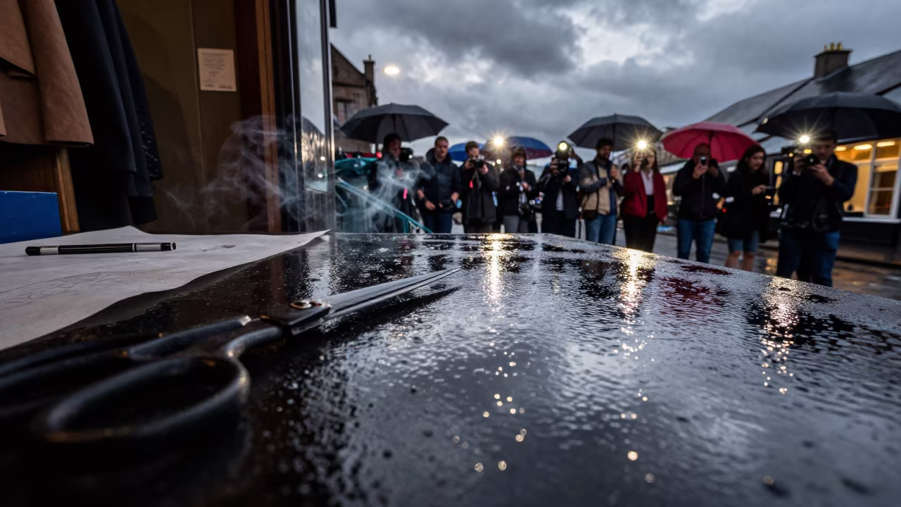 Monsoon Flash and Smoke at Blantyre Tailor Shop in at a tailoring table strewn with chalk and shears in Blantyre
