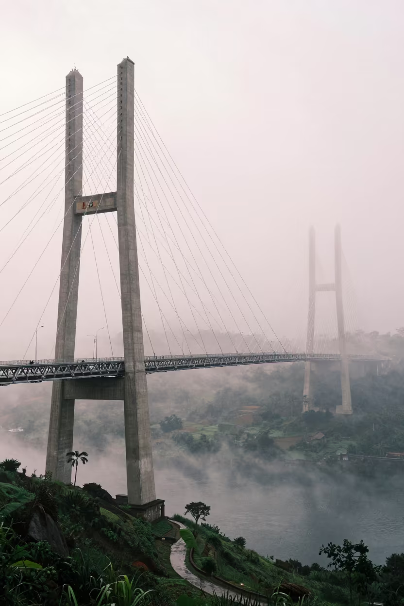 Monsoon Fog Rolls Through Puebla Suspension Bridge Towers in near Puebla
