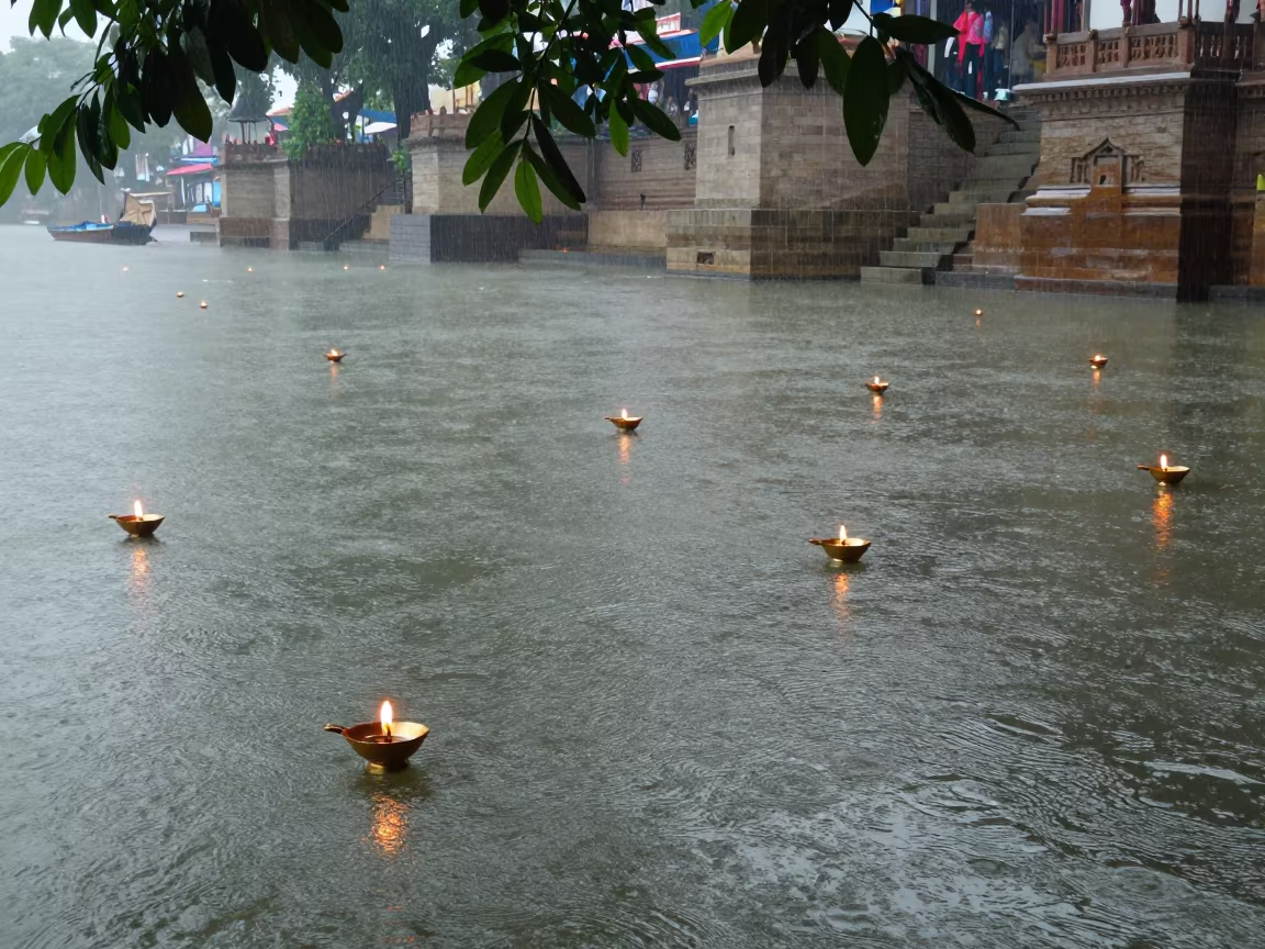 Monsoon Ganges aarti lamps reflection in in a temple courtyard in India