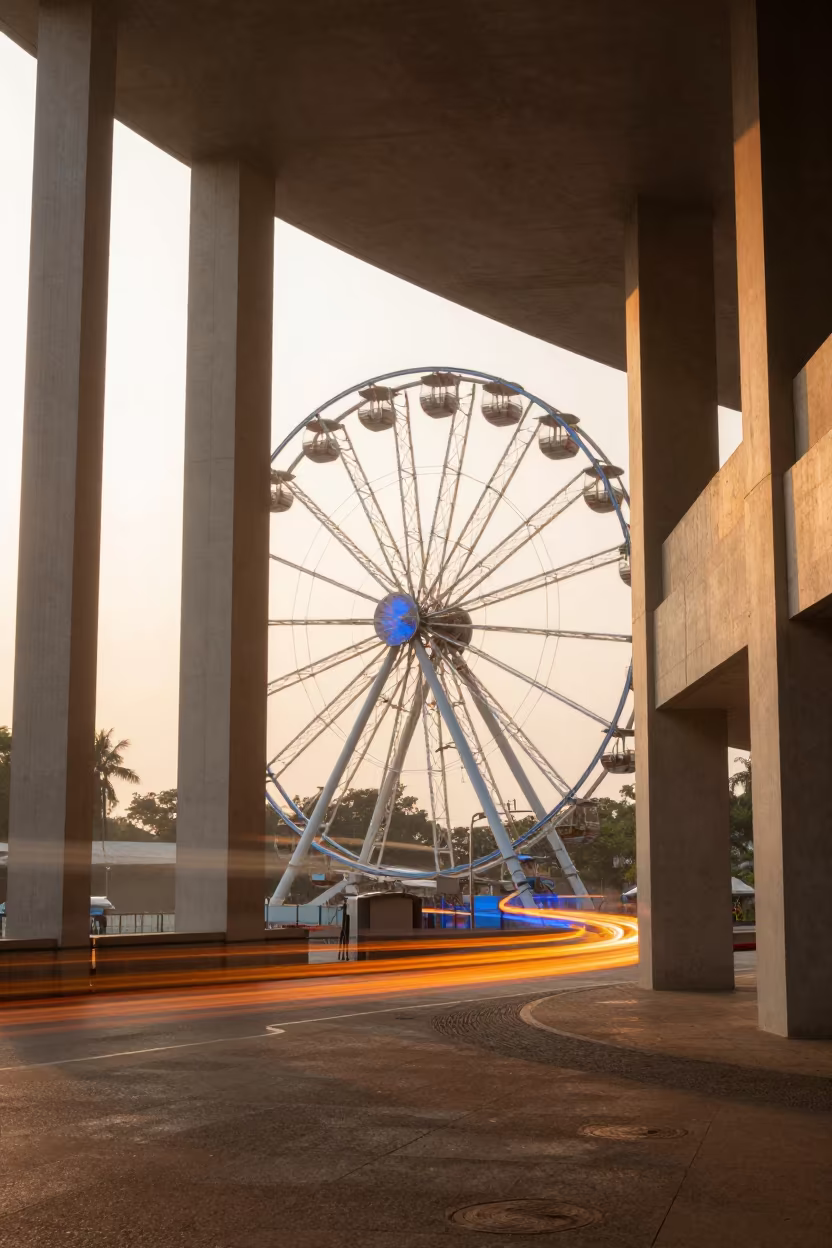 Monsoon Golden Hour Ferris Wheel Light Trails in inside a skylit passageway in Solapur
