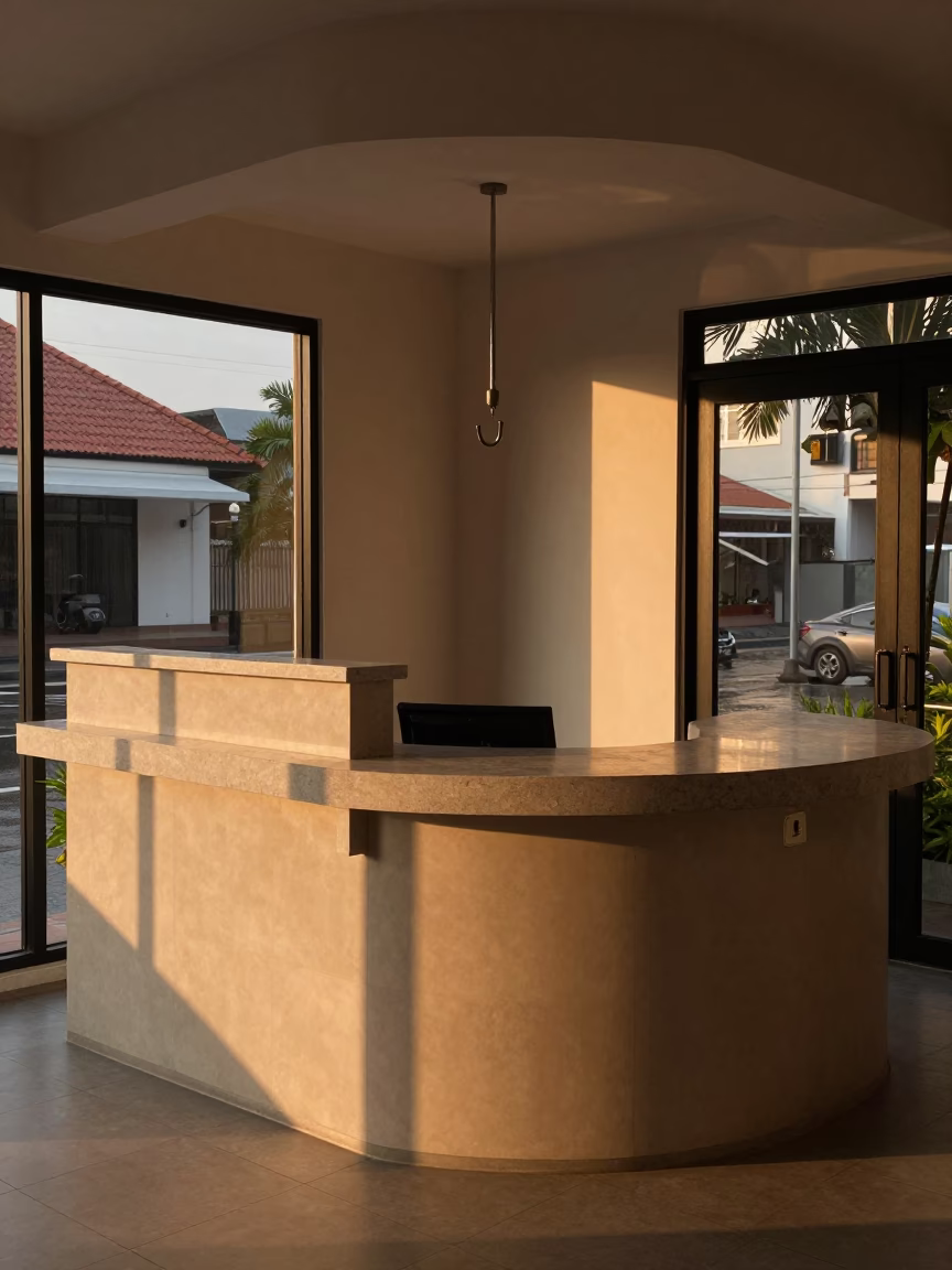 Monsoon Golden Hour Hotel Reception Jakarta in at a reception desk under warm light in Kota Tua, Jakarta