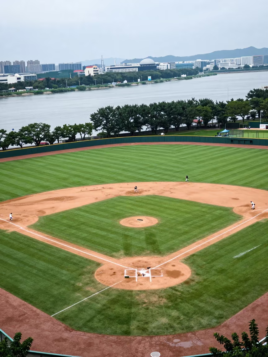 Monsoon Green Baseball Field Seoul Riverbank in by a riverbank near Seoul