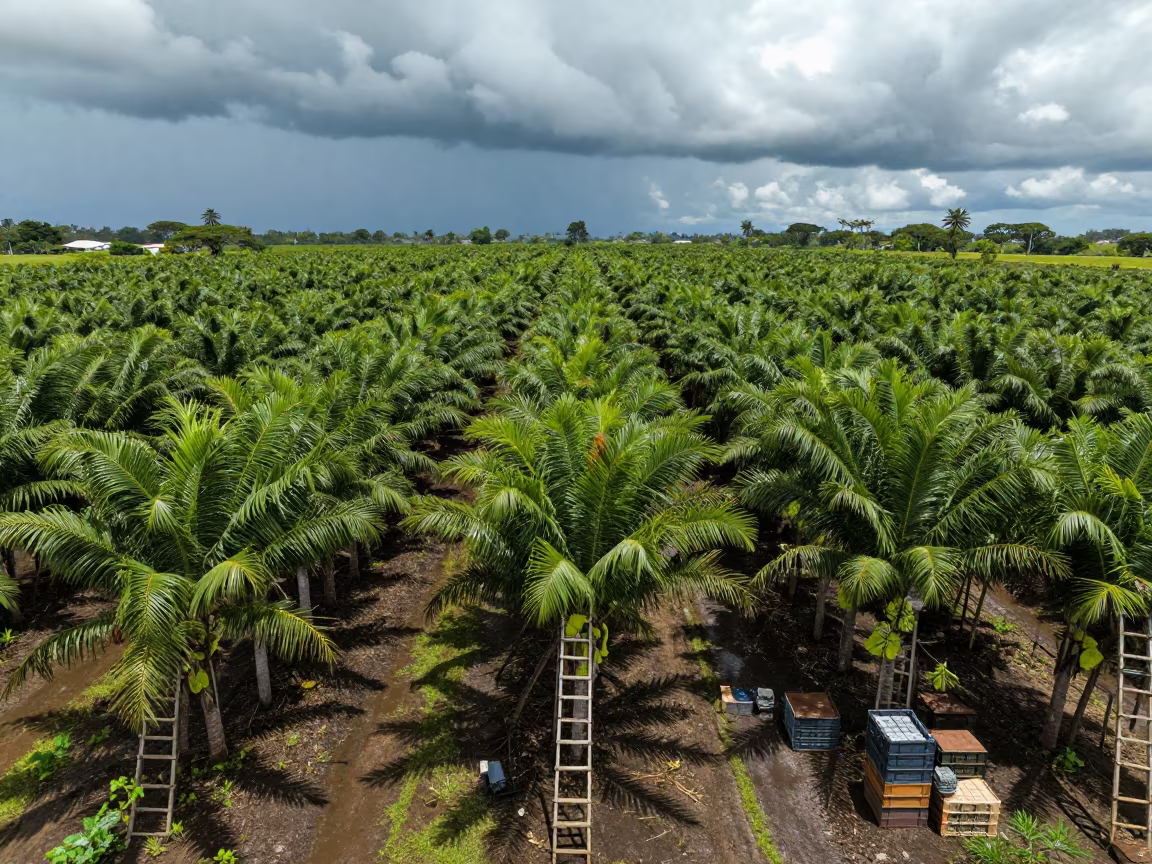 Monsoon Harvest Rows Teak Plantation Cúcuta in among orchard ladders and crates in Cúcuta