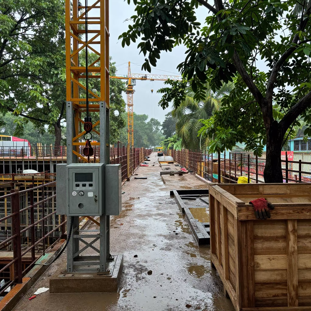 Monsoon Hoist Station Under Crane Leaves in beneath a tower crane on open ground near Surat