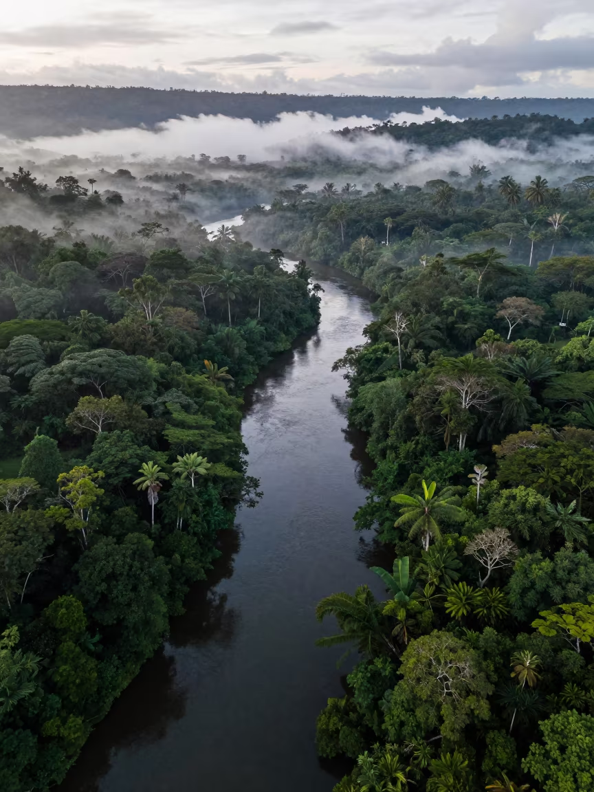 Monsoon Jungle River Vanishing Under Canopy Mauritius in high above patterned rooftops in Mauritius