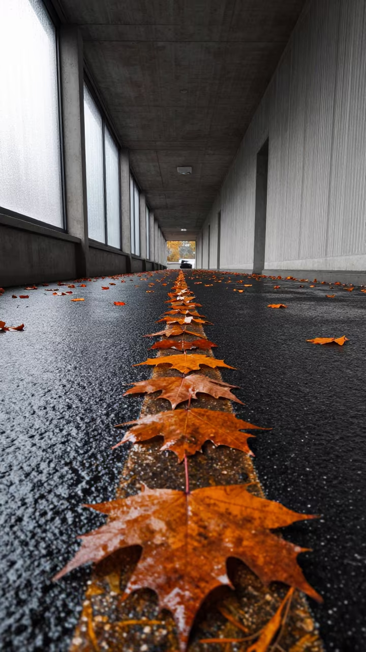 Monsoon Leaves Blown Sideways on Wet Road in inside a ribbed concrete lobby in Veraval