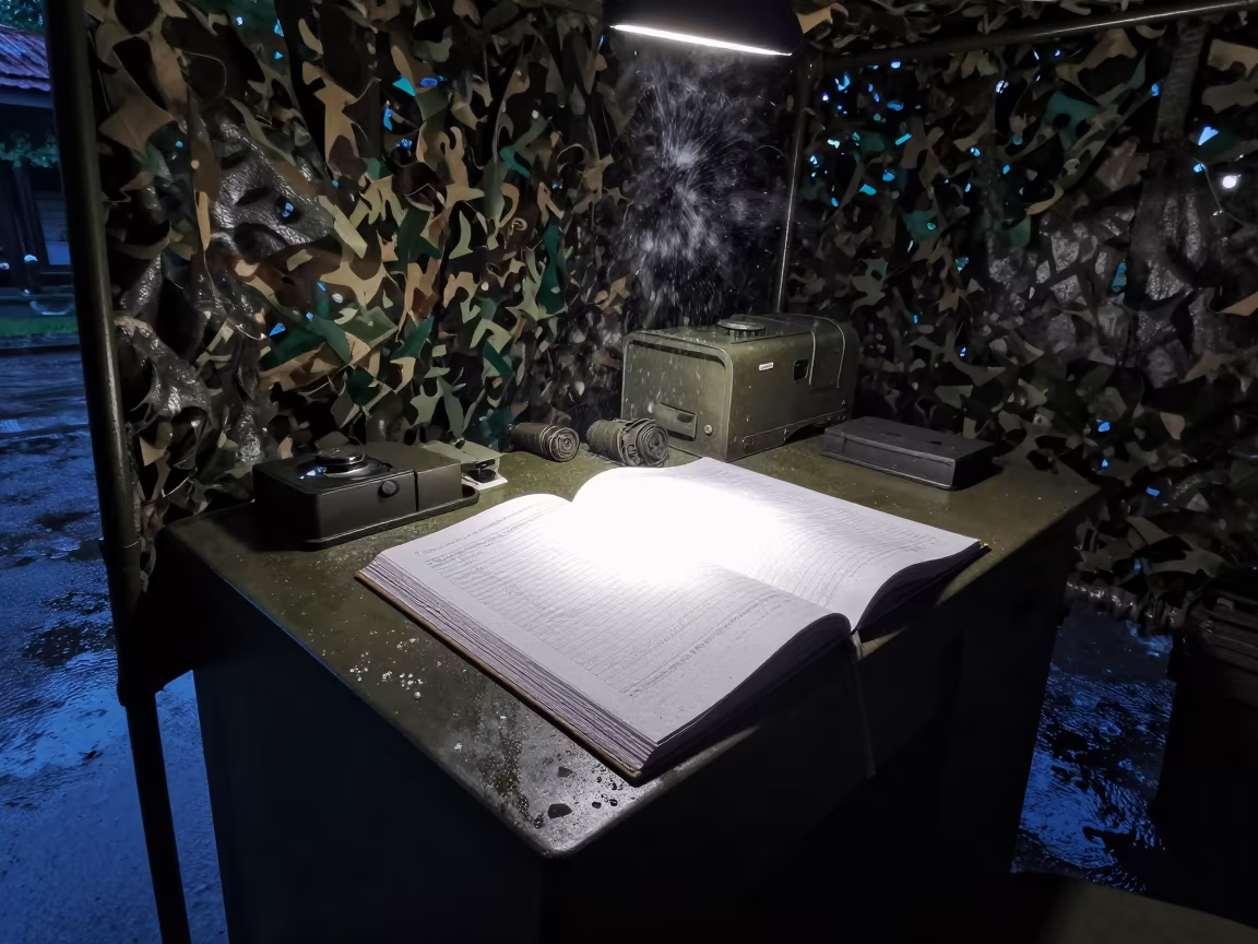 Monsoon Ledger in Blue Light Shadow in beneath a camouflage net shelter near Yogyakarta