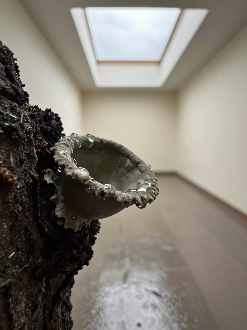 Monsoon Lichen Cup Beside Condensation on Bark in on lichen-covered bark in Catia La Mar