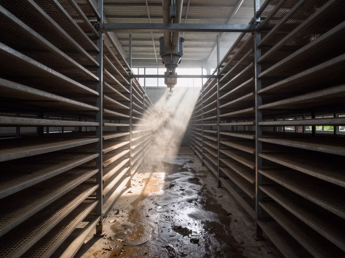 Monsoon Light in Bonon Leaf Drying Mill in inside a leaf-drying room lined with mesh trays near Bonon