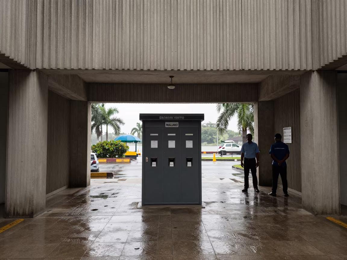 Monsoon Light on Concrete Access Station in inside a ribbed concrete lobby in Malabo