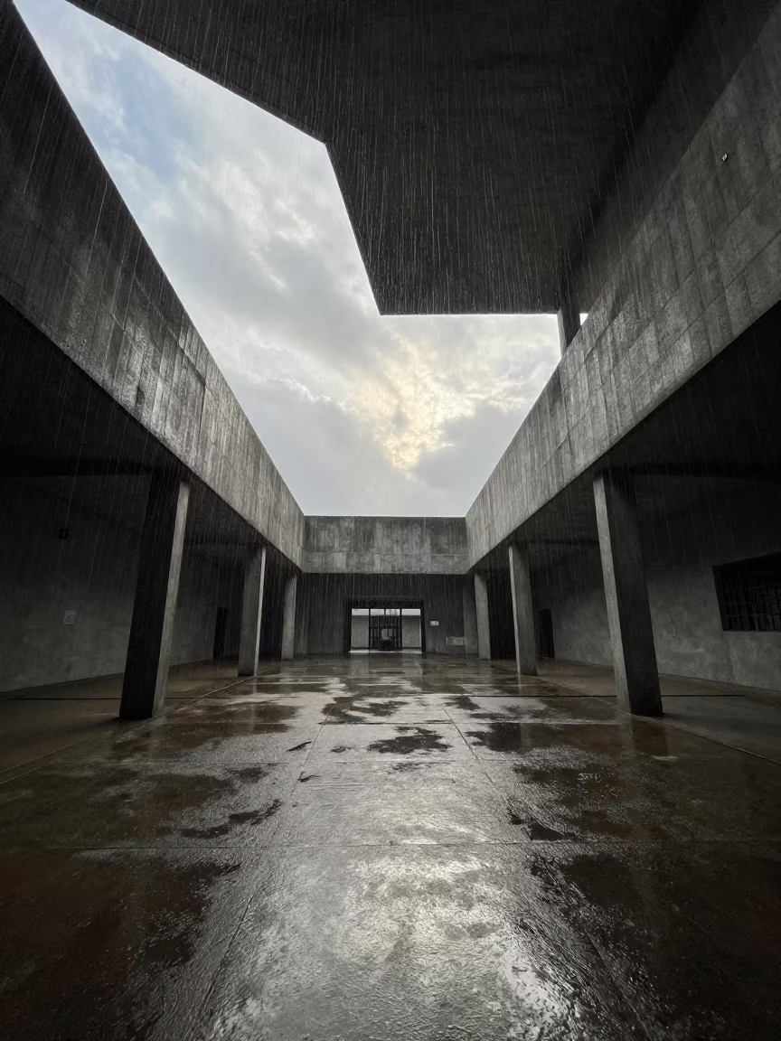 Monsoon Light Skimming Concrete Courtyard Dar es Salaam in inside a skylit passageway near Dar es Salaam