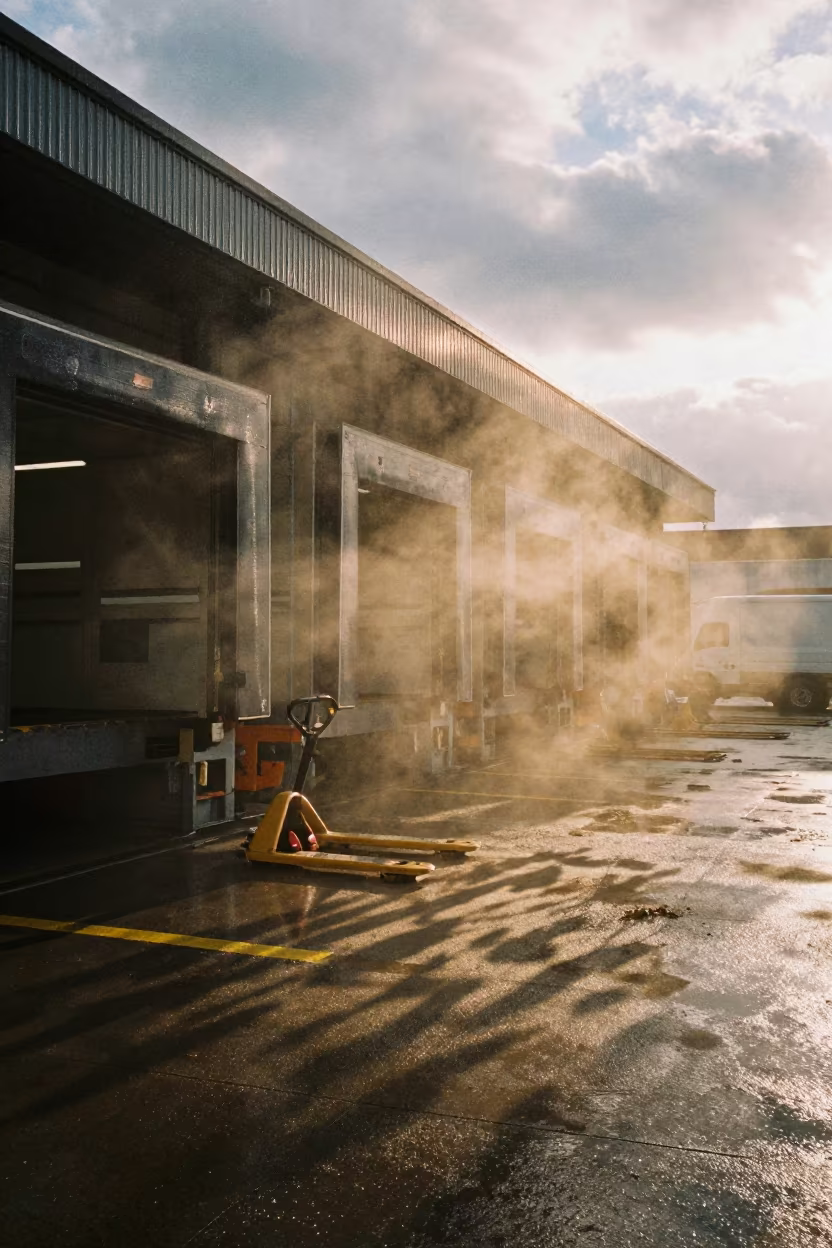 Monsoon Loading Dock Pallet Jacks in Dappled Light in in a trailer yard outside the warehouse in Fukuoka