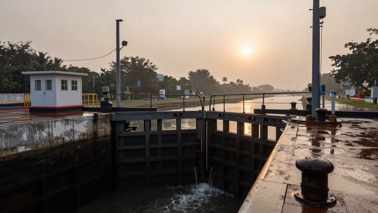 Monsoon Lock Chamber Rising Water Mumbai in along a dam spillway near Mumbai