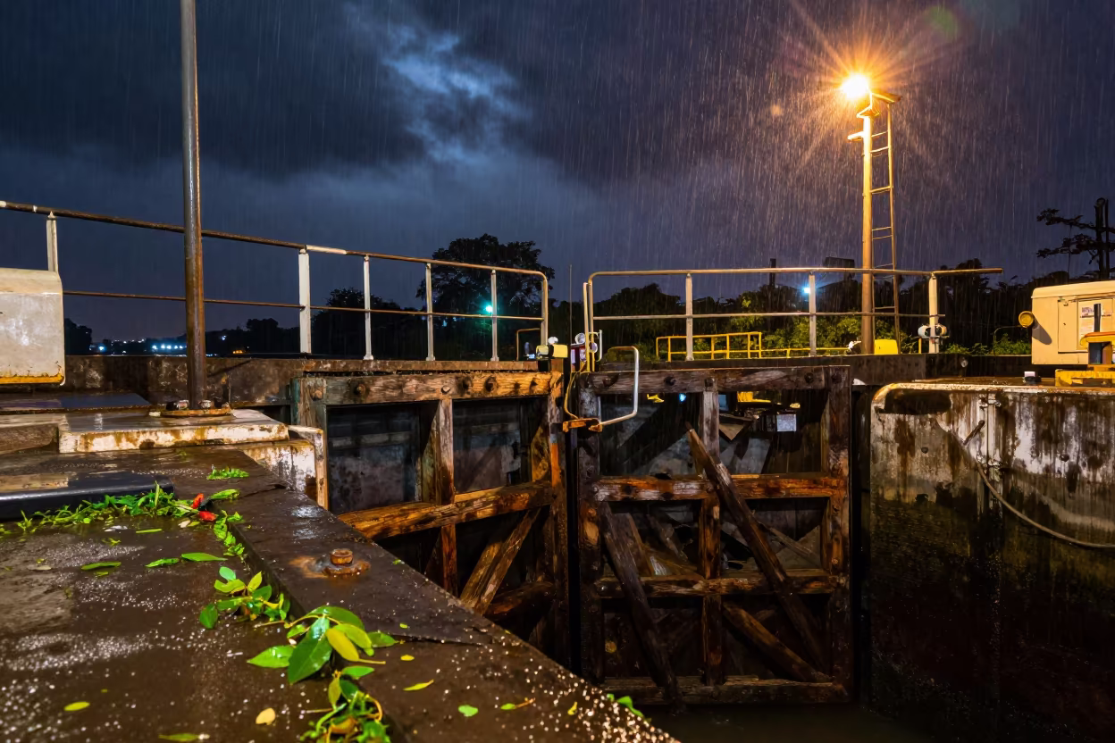 Monsoon Lock Gates Under Sodium Light Mumbai in beside a water tower ladder near Mumbai