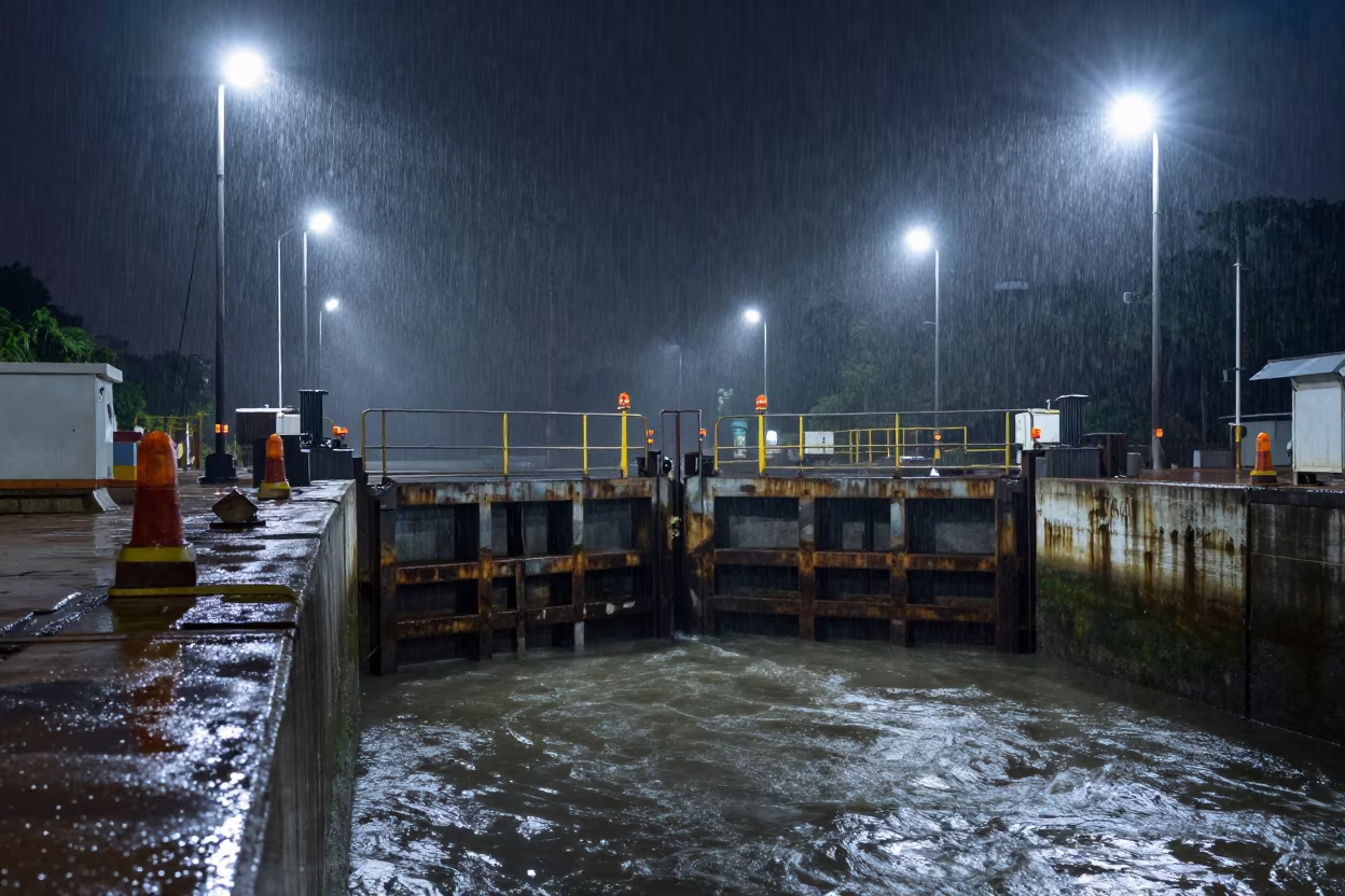 Monsoon Lock Intake Midnight Floodlit in at a canal lock chamber near Mumbai