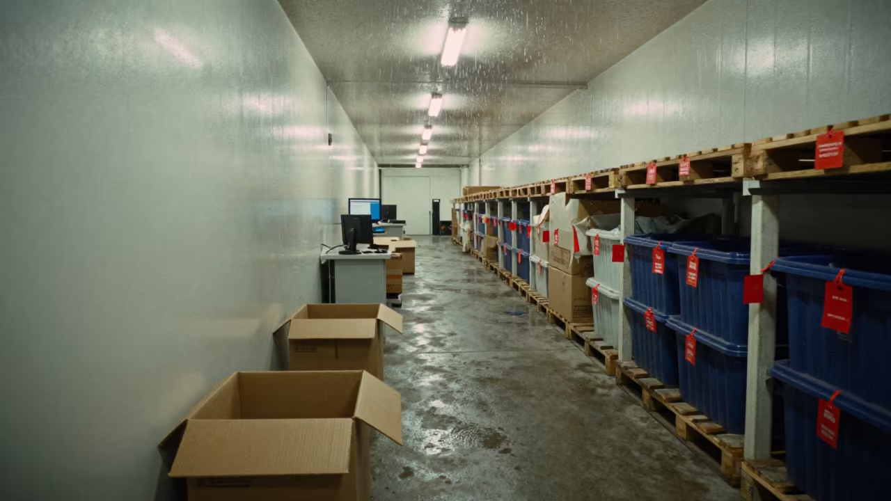 Monsoon Logistics Bay with Red Hold Tags in inside a chilled distribution bay near Prayagraj