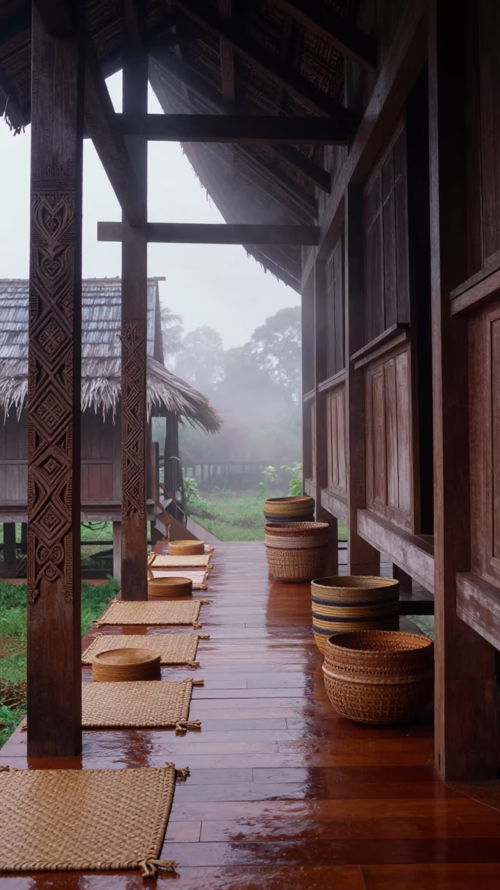 Monsoon Longhouse Interior Before Dawn in inside a skylit passageway near Samara