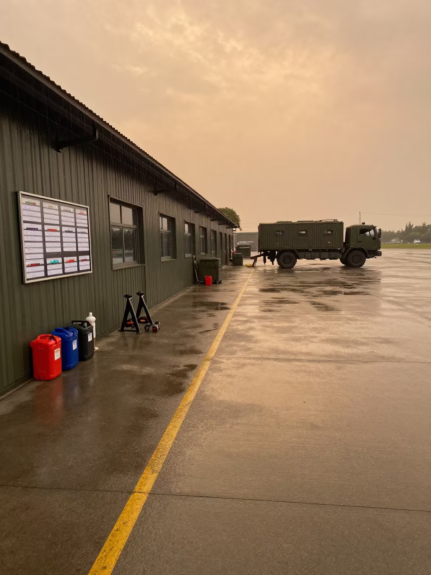 Monsoon Maintenance Hardstand with Spill Kits and Gear in beside a convoy halt on open ground near Suzhou