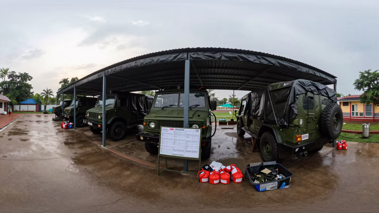 Monsoon Maintenance Hardstand with Spill Kits in beside a convoy halt on open ground in Andhra Pradesh