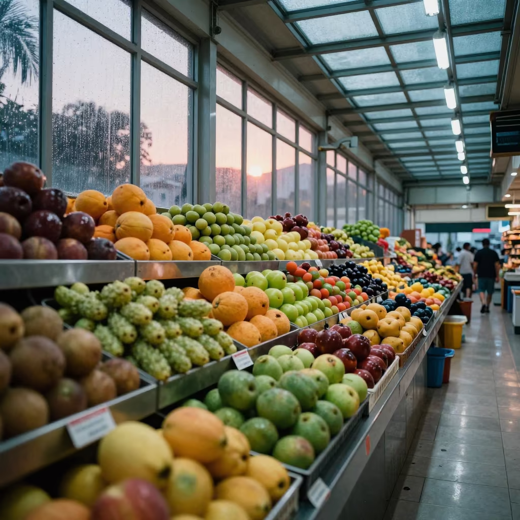 Monsoon Market Fruit Reflections in Steel in inside a glass-roofed arcade near Mallawi