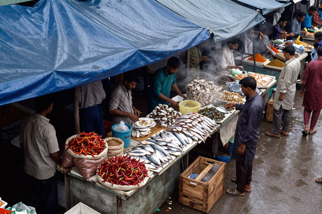 Monsoon Market Goods Under Tarps Jaranwala in beside a fish counter in Jaranwala