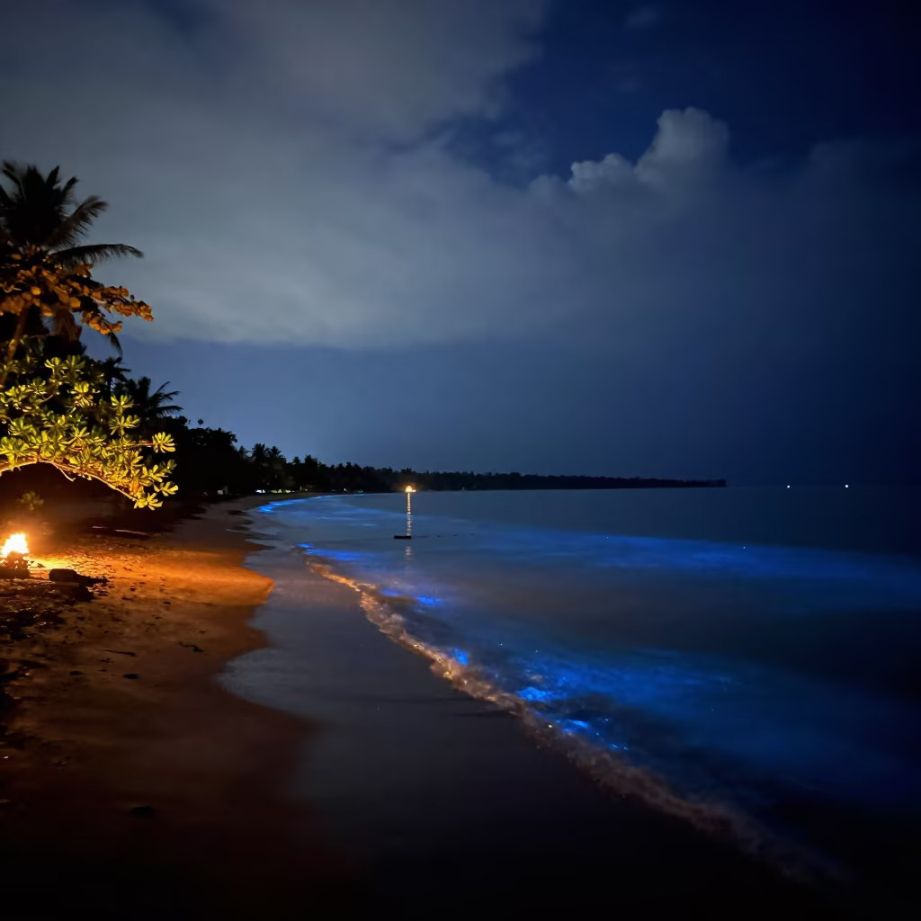 Monsoon Midnight Shore with Bioluminescent Glow in from a quiet alpine saddle in Kerala