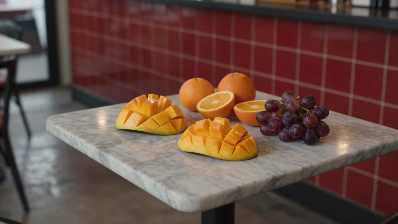 Monsoon Morning Fruit Display on Marble Table in on a marble cafe table in Ranchi