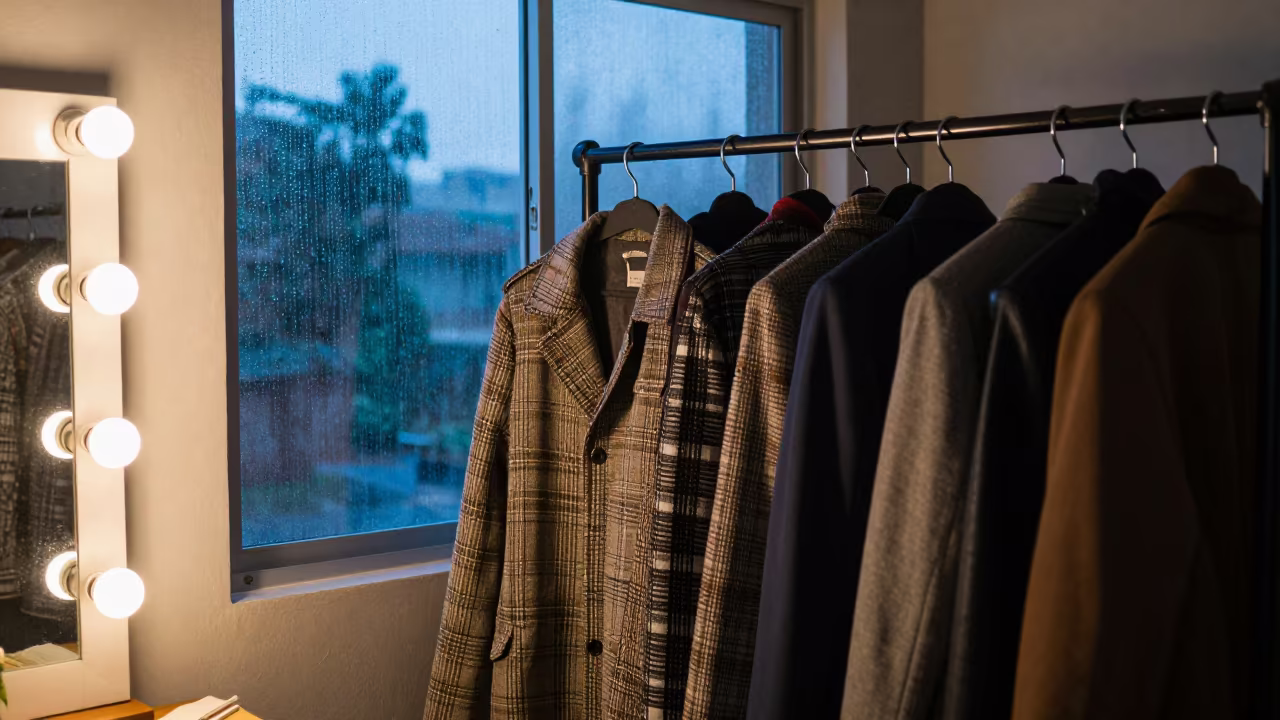 Monsoon Morning Outerwear Lineup Mzuzu Backstage in beside a mirror lined with makeup bulbs in Mzuzu