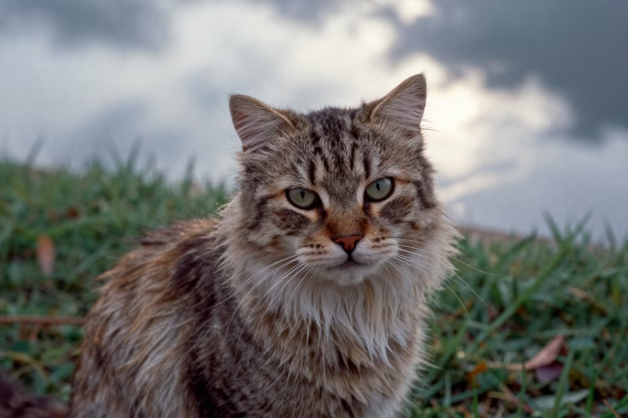 Monsoon Morning Portrait of a Minuet Longhair Cat in near a garden edge with soft morning light and an uncluttered background in Beira