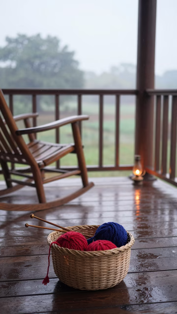 Monsoon Morning Yarn Basket on Surat Porch in on a porch with a rocking chair near Surat